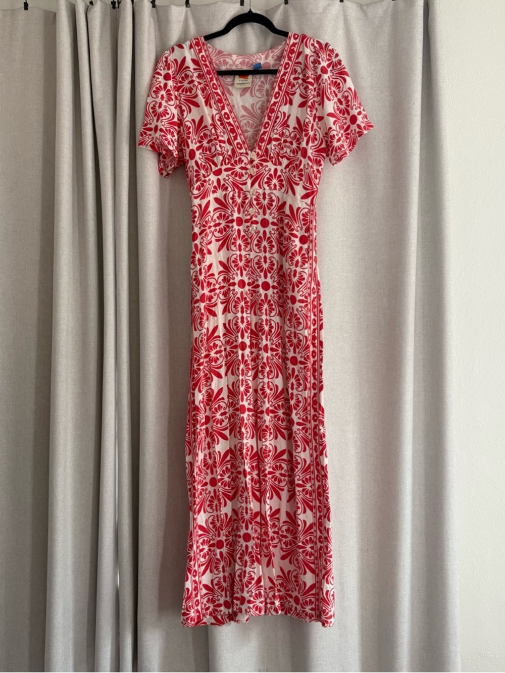 Farm Rio Carmina Linen Blend Button Front Jumpsuit red white size S - Picture 3 of 16